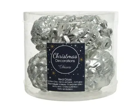 DENNENAPPEL GLAS SHINY MATT GLITTER MIX D5H.7CM ZILVER - afbeelding 1