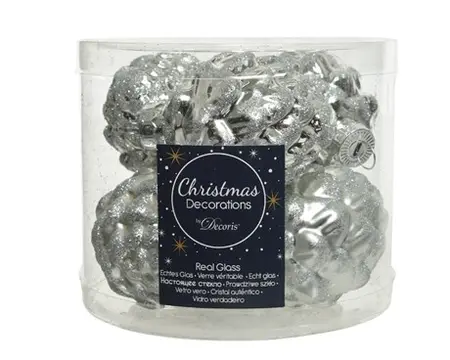 Dennenappel Glas Shiny Matt Glitter Mix D5H.7Cm Zilver - afbeelding 1