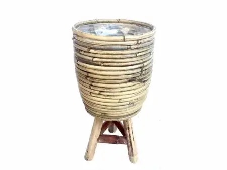 POT STRIPE WOODEN LEGS GREY D18H28CM